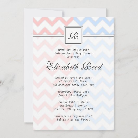 Blauw en roze Chevron Monogrammed Twins Baby showe Kaart (Voorkant)