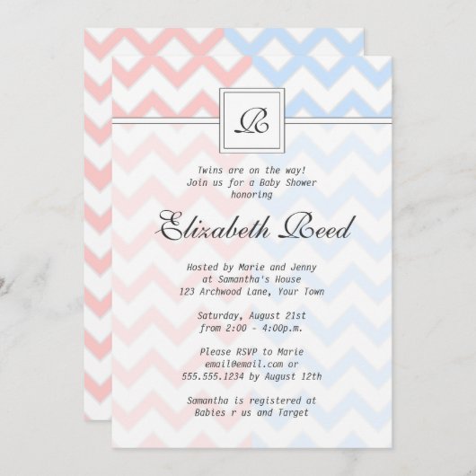Blauw en roze Chevron Monogrammed Twins Baby showe Kaart (Voorkant / Achterkant)