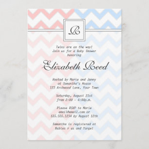 Blauw en roze Chevron Monogrammed Twins Baby showe Kaart