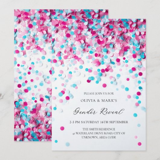 Blauw en Roze Confetti Baby Gender Reveal Party Kaart (Voorkant / Achterkant)