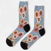  Blauw en Roze Daisy Floral Print Sokken (Links)