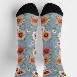  Blauw en Roze Daisy Floral Print Sokken