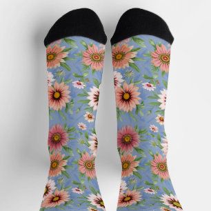  Blauw en Roze Daisy Floral Print Sokken