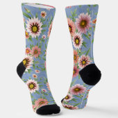  Blauw en Roze Daisy Floral Print Sokken (Gebogen)