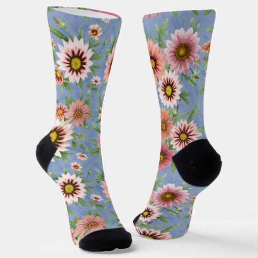 Blauw en Roze Daisy Floral Print Sokken (Gebogen)