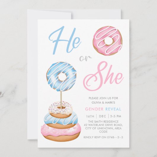 Blauw en roze Donut Doughnuts Baby Gender onthulli Kaart (Voorkant)