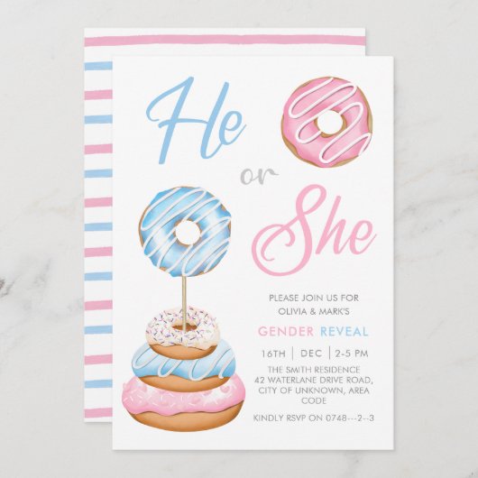 Blauw en roze Donut Doughnuts Baby Gender onthulli Kaart (Voorkant / Achterkant)