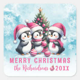 Blauw en Roze Drie Leuke Pinguïns Vrolijk Kerstfee Vierkante Sticker