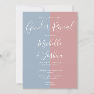 Blauw en Roze Elegante Script Geslacht Reveal Fees Kaart