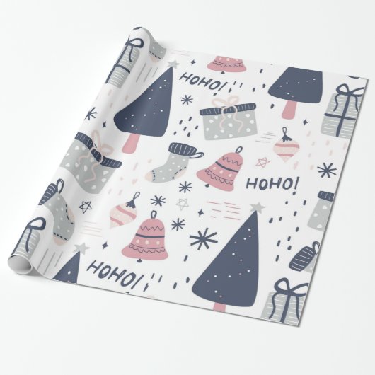 Blauw en roze en grijs Kerstmis Cadeaupapier (Uitgerold)