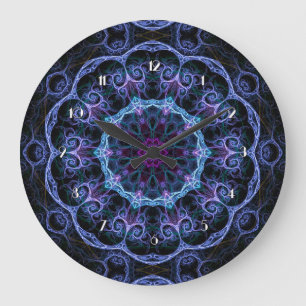 Blauw- en roze Floral Fractal Pattern Wall-klok Grote Klok