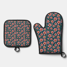 Blauw en roze Floral Ovenwant & Pannenlap Set