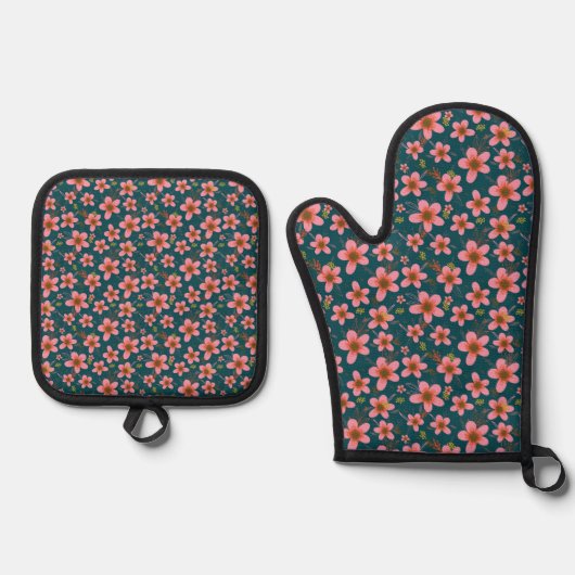 Blauw en roze Floral Ovenwant & Pannenlap Set (Voorkant)