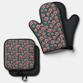 Blauw en roze Floral Ovenwant & Pannenlap Set (Voorkant / Achterkant)