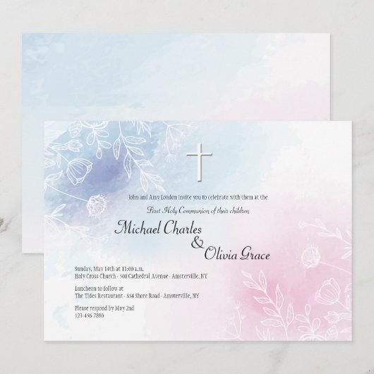 Blauw en roze Floral religieus Kaart (Voorkant / Achterkant)