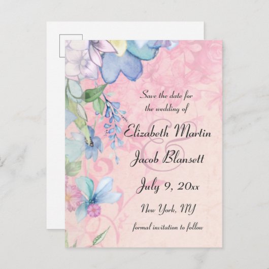 Blauw en Roze Floral sparen de Datum Uitnodiging Briefkaart (Voorkant / Achterkant)