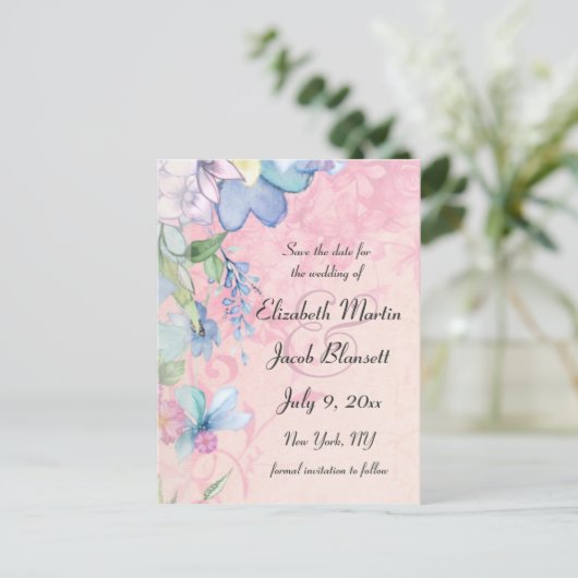 Blauw en Roze Floral sparen de Datum Uitnodiging Briefkaart (Staand voorkant)