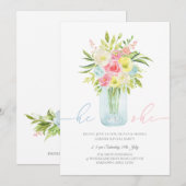 Blauw en roze Floral Vase Gender Live Uitnodiging (Voorkant / Achterkant)