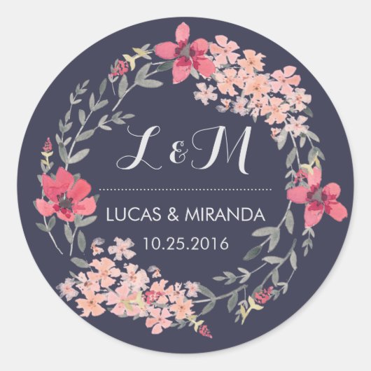 Blauw en roze Floral Wreath Wedding Favor Sticker (Voorkant)