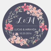 Blauw en roze Floral Wreath Wedding Favor Sticker