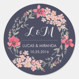 Blauw en roze Floral Wreath Wedding Favor Sticker