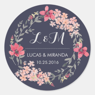 Blauw en roze Floral Wreath Wedding Favor Sticker