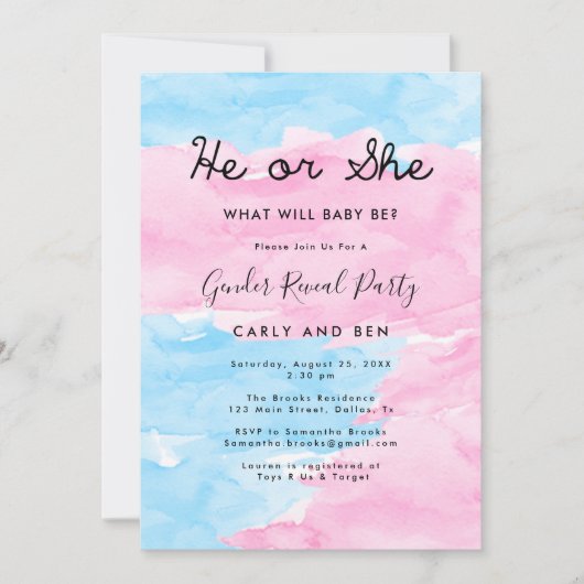 Blauw en roze Genderfeest Uitnodiging (Voorkant)