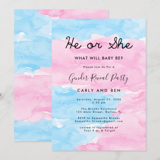 Blauw en roze Genderfeest Uitnodiging (Voorkant / Achterkant)