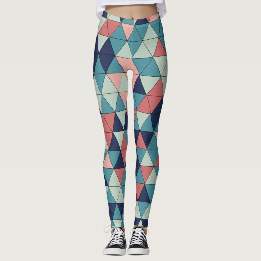 Blauw en Roze Geometrische Patroon Workout Leggings (Voorkant)