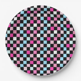 Blauw en roze geruit vintage patroon papieren bordje