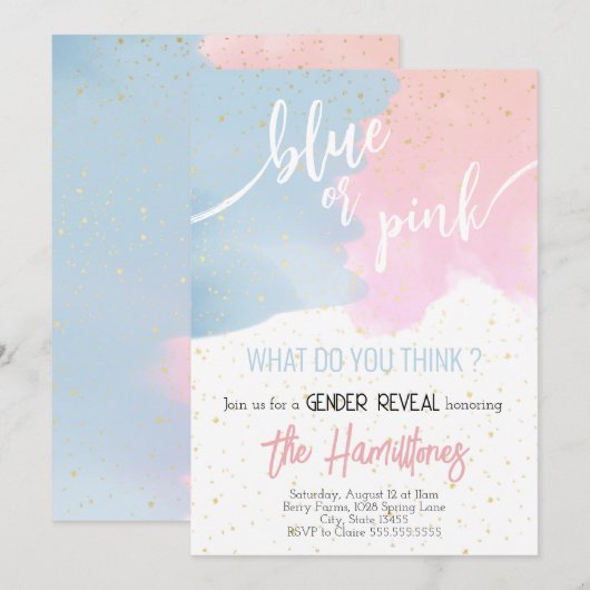 Blauw en roze | Glitter Gender Reveal Baby shower Kaart (Voorkant / Achterkant)