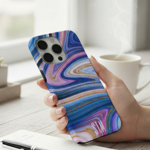 Blauw en Roze Gouden Marmer Agaat Monogram Case-Mate iPhone Case