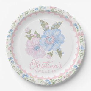 Blauw en Roze Grandmillennial Bloemig Sweet 16 Papieren Bordje