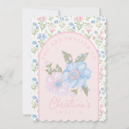 Blauw en Roze Grandmillennial Floral Sweet 16 Kaart