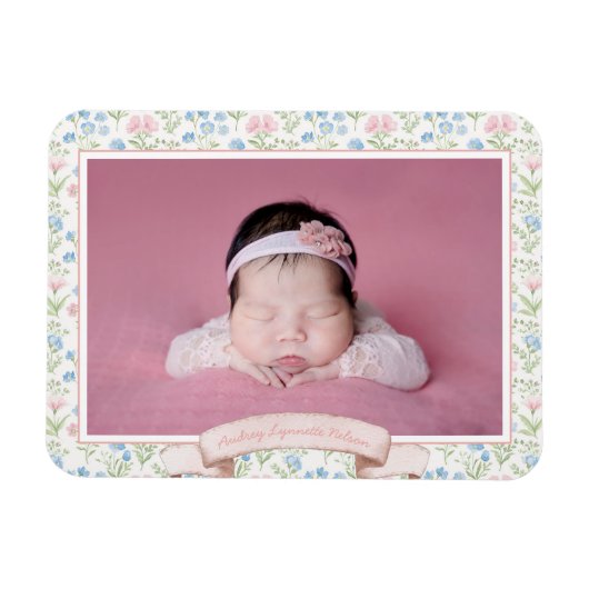 Blauw en roze Grandmillennial Flower Foto Baby Magneet (Horizontaal)