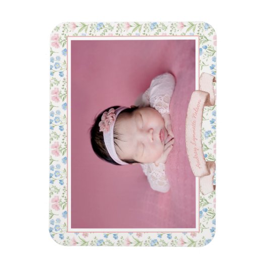Blauw en roze Grandmillennial Flower Foto Baby Magneet (Verticaal)