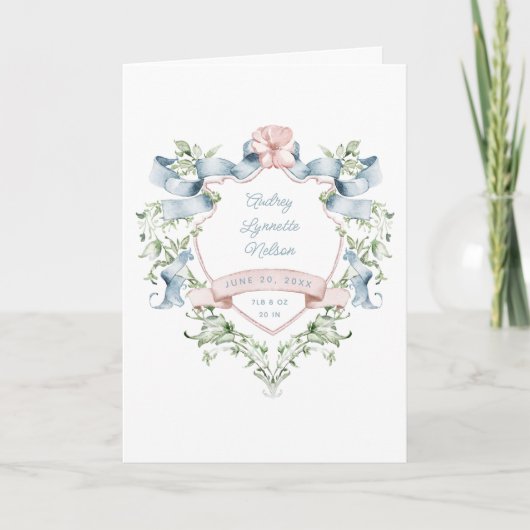 Blauw en roze Grandmillennial Ribbon Crest Baby Aankondiging (Voorkant)