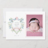 Blauw en roze Grandmillennial Ribbon Crest Baby Aankondiging (Voorkant)