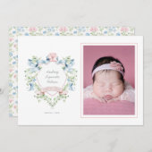 Blauw en roze Grandmillennial Ribbon Crest Baby Aankondiging (Voorkant / Achterkant)