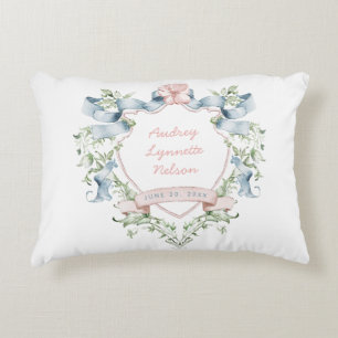 Blauw en roze Grandmillennial Ribbon Crest Baby Accent Kussen