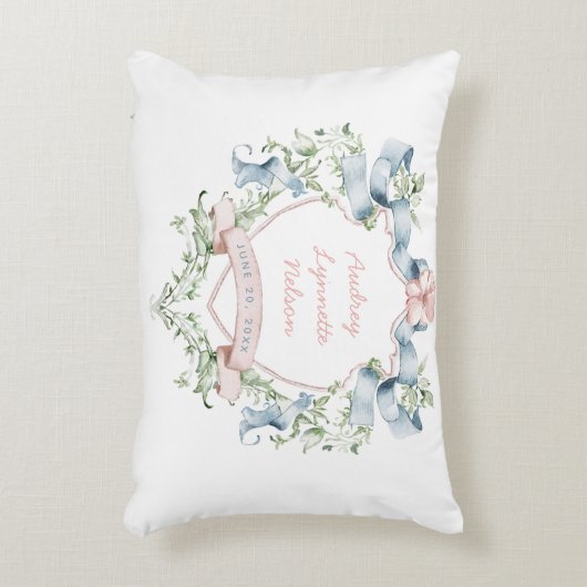 Blauw en roze Grandmillennial Ribbon Crest Baby Accent Kussen (Voorkant(Verticaal))