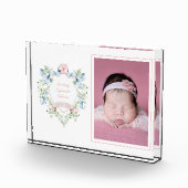 Blauw en roze Grandmillennial Ribbon Crest Baby Fotoblokken (Rechts)