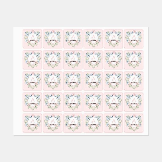 Blauw en roze Grandmillennial Ribbon Crest Labels (Vel)