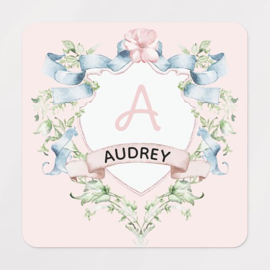 Blauw en roze Grandmillennial Ribbon Crest Labels (Design 2)