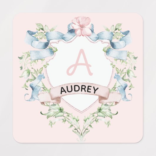 Blauw en roze Grandmillennial Ribbon Crest Labels (Design 1)