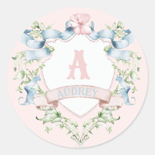 Blauw en roze Grandmillennial Ribbon Crest Ronde Sticker