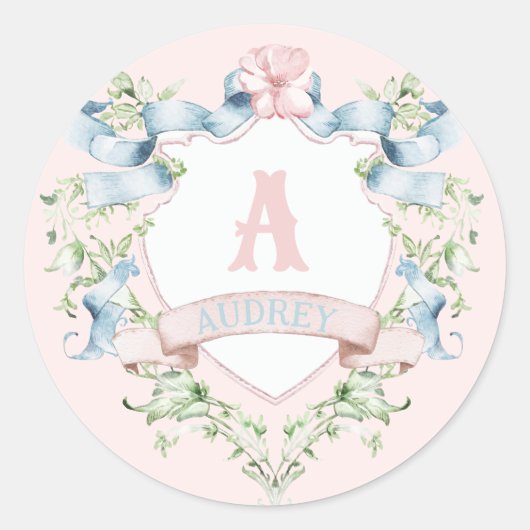 Blauw en roze Grandmillennial Ribbon Crest Ronde Sticker (Voorkant)