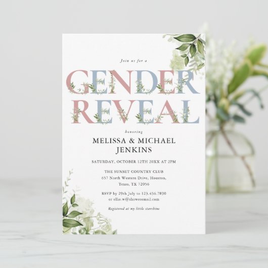 Blauw en Roze Groene Brief Gender Reveal Party Kaart (Staand voorkant)