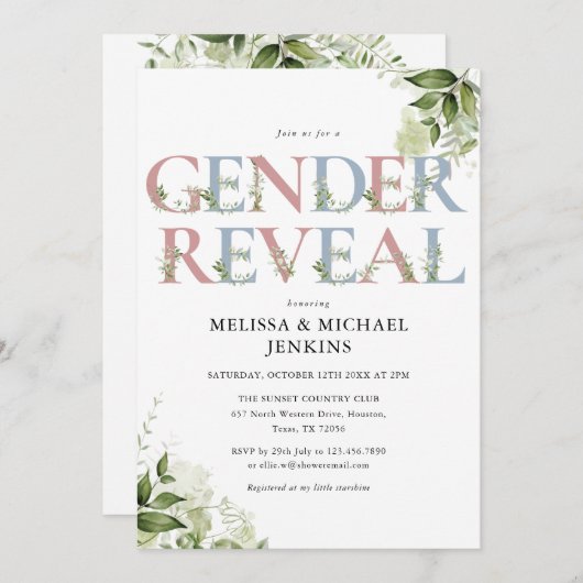 Blauw en Roze Groene Brief Gender Reveal Party Kaart (Voorkant / Achterkant)