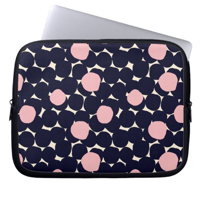 Blauw en roze groot stippatroon laptop sleeve (Voorkant)